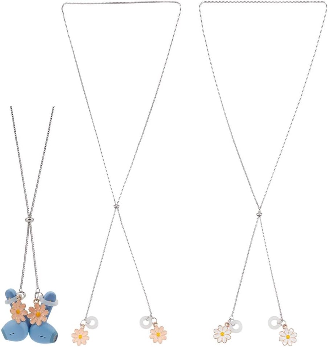 2 stuks oordopje koord band met anti-verlies ketting en madeliefje hangertje, verstelbare lanyard voor draadloze oordopjes