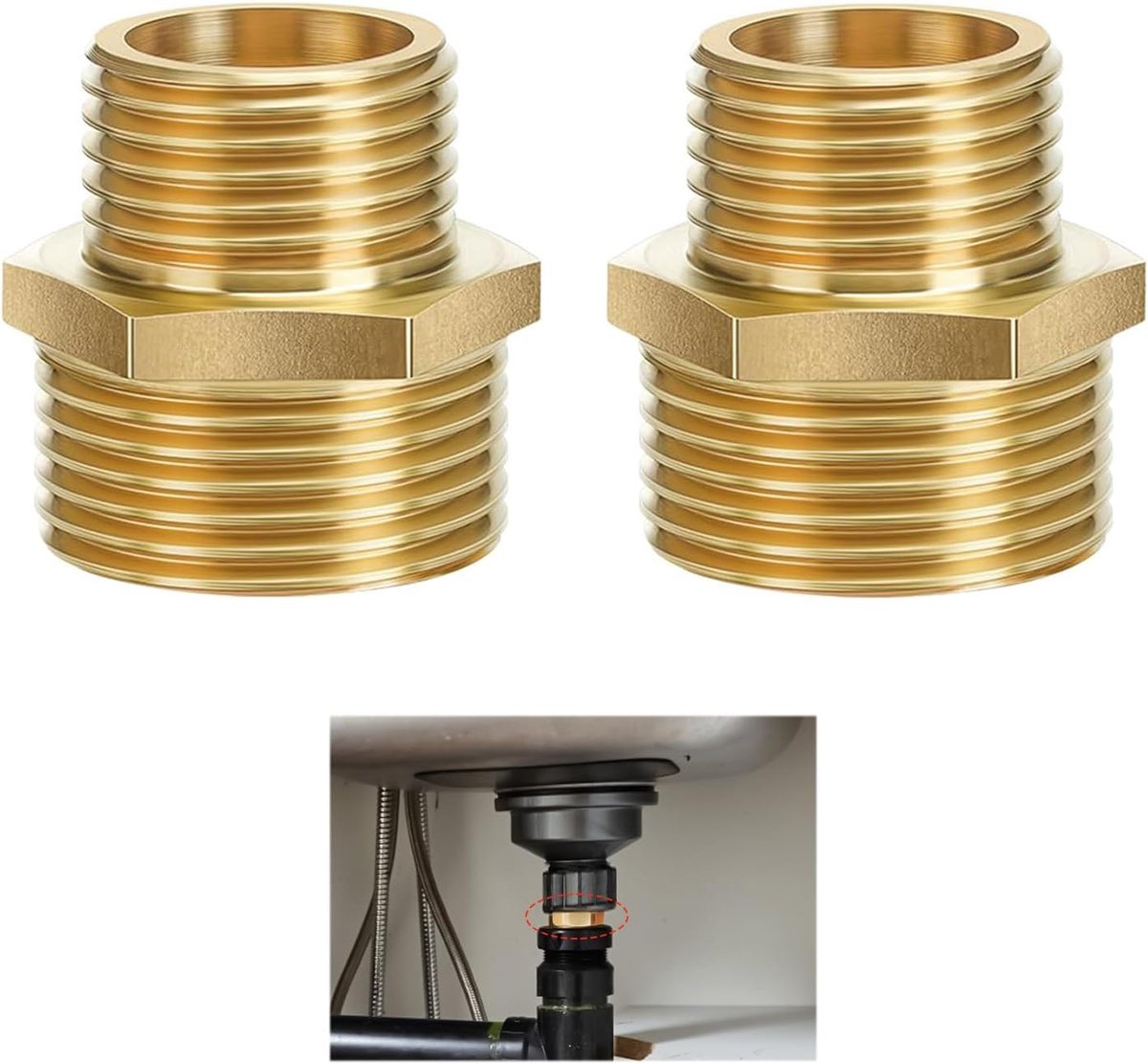 2 stuks tepels dubbele reductie van messing 1/2 tot 3/4 inch buitendraad met zeshoekige aansluiting verloopstuk geschikt voor drinkwater en verschillende sanitair, compatibel met alle 3/4" x 1/2