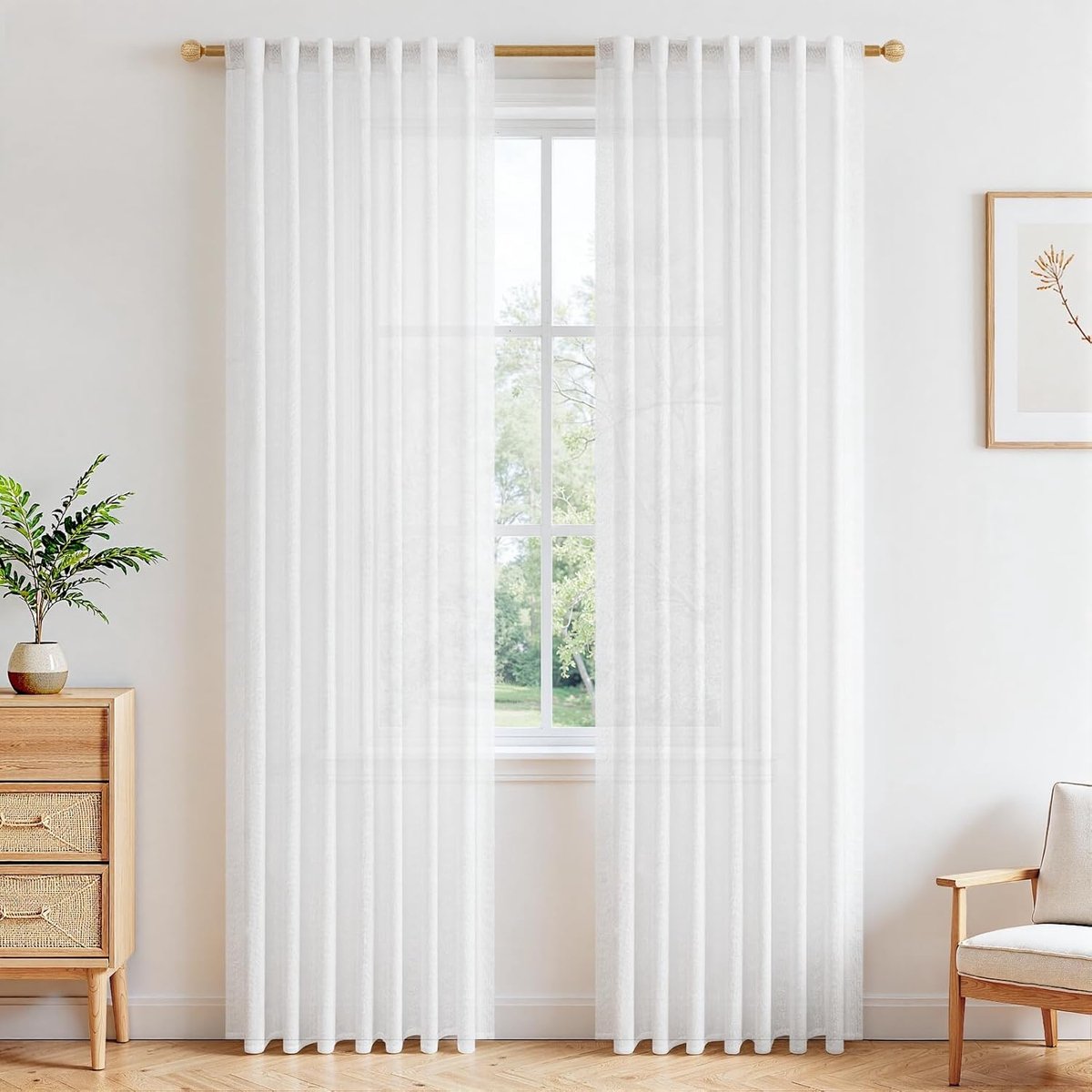 Gordijn wit linnenlook half-transparant set van 2 H 200 x B 140 cm, voile gordijnen woonkamer modern witte gordijnen slaapkamer met verborgen lussen, linnen gordijnen