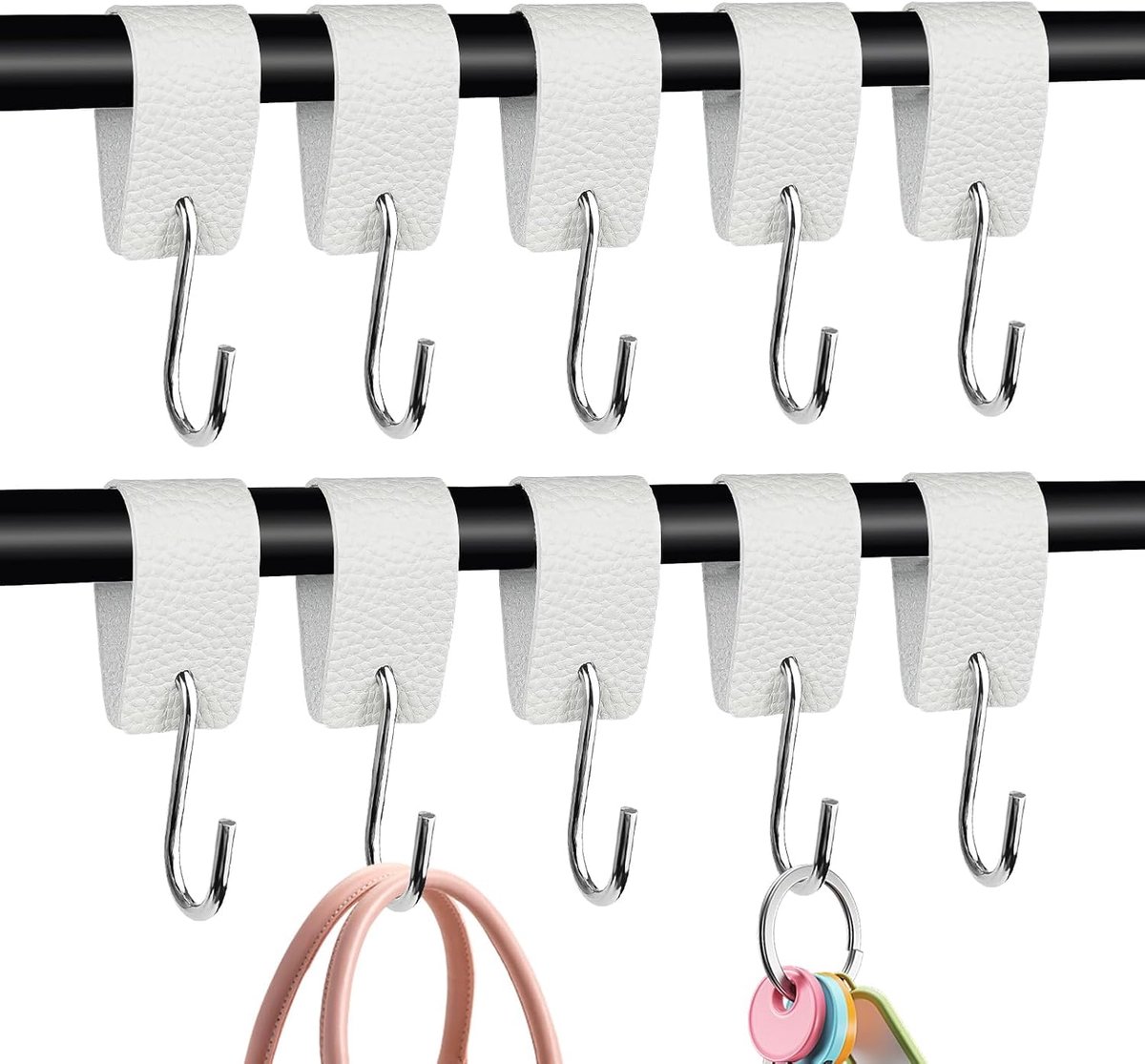 S-haken met leren lus, 10 stuks, kledinghaken, garderobehaken voor kledingstang, raamhaken om op te hangen, garderobehaken, broekhaken voor keuken, kastophanging, badkamer, slaapkamer, woonkamer (wit)