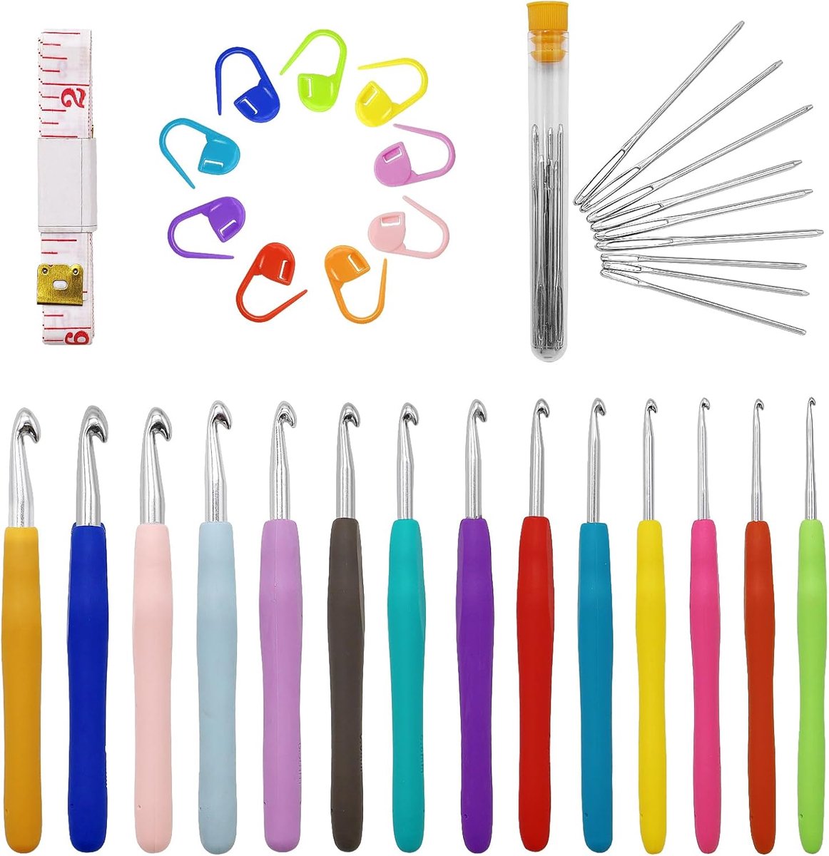 Haaknaalden Set van 14 Stuks (2.0-10.0 mm), Aluminium met Ergonomisch Zacht Rubber Handvat - Compleet Pakket met 44 Accessoires voor Beginners