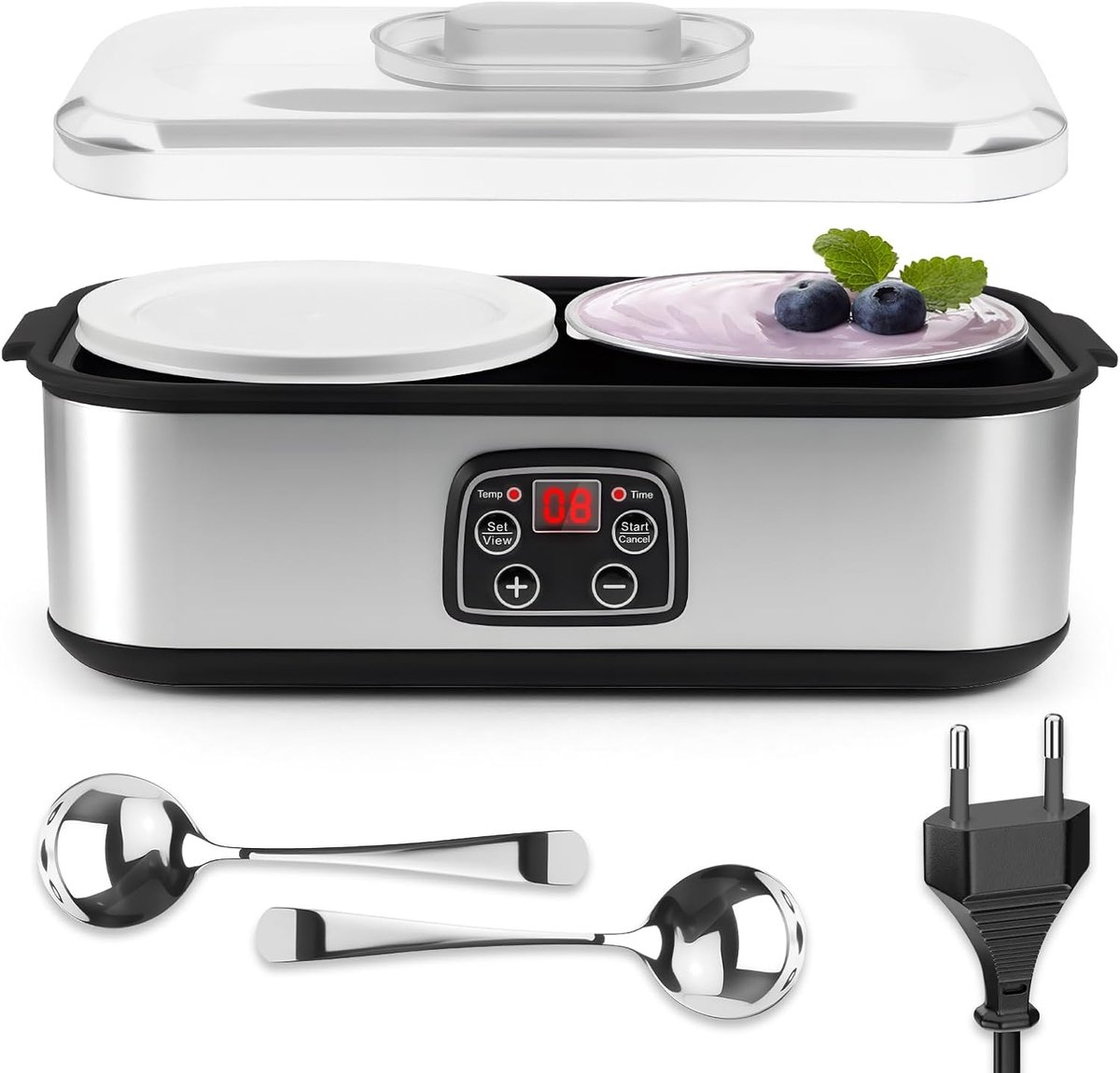 Yoghurtmachine 2L, Yoghurtmaker, Jam, IJs en Pudding met 2 Glazen Potjes, Digitale Timer, Nauwkeurige Temperatuurregeling (20-55°C), Fermenteur van RVS 304 voor Gezond Ontbijt