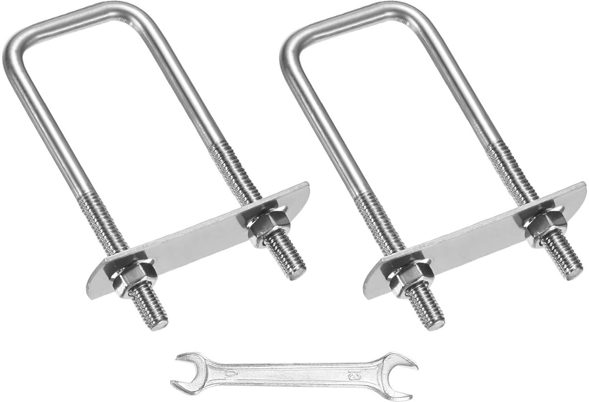 METERXITY Vierkante U-boutset (M8 x 25 x 75 mm, zilver), 2 stuks, vierkante U-bouten, roestvrij staal 304, met frameplaten, sluitringen en sleutel voor ski's