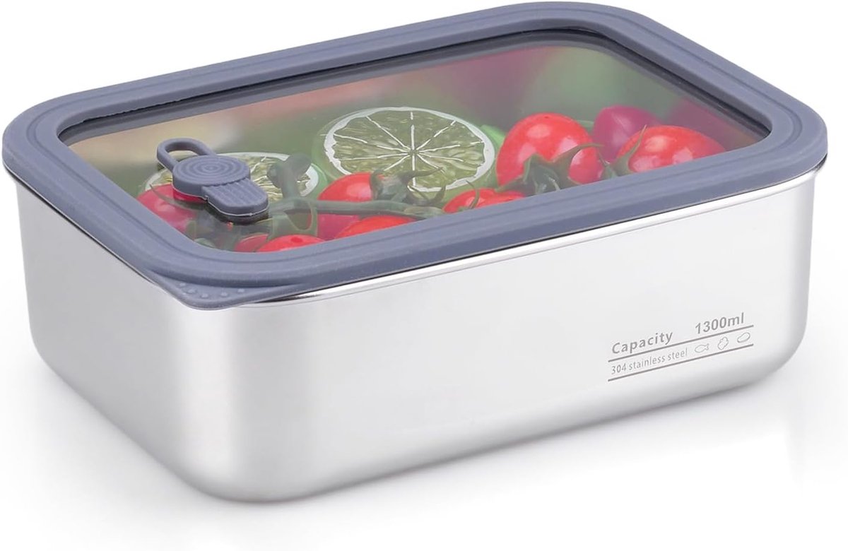 Luchbox met luchtdicht deksel, roestvrijstalen vershouddozen, broodtrommel, voorraaddoos, vaatwasmachinebestendig, magnetronbestendig, 1300 ml