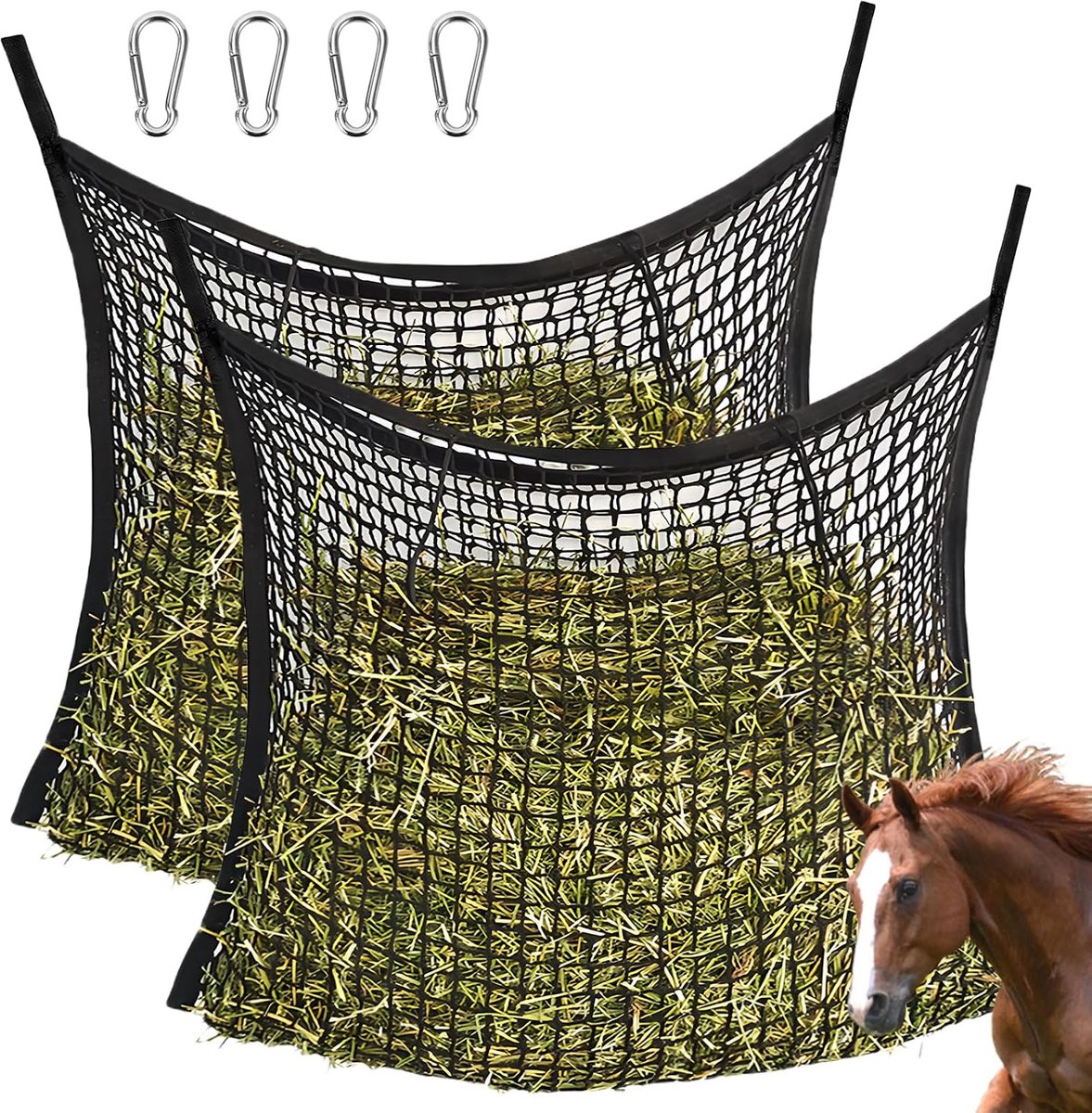 2 stuks hooiennet voor paarden: 60 x 90 cm farming hooinet, hooinet mesh, paardenhooiennet met 4 karabijnhaken, voedernet voor 8 kg hooi, hooizak, hooizak voedertijd kan worden verlengd voor paarden