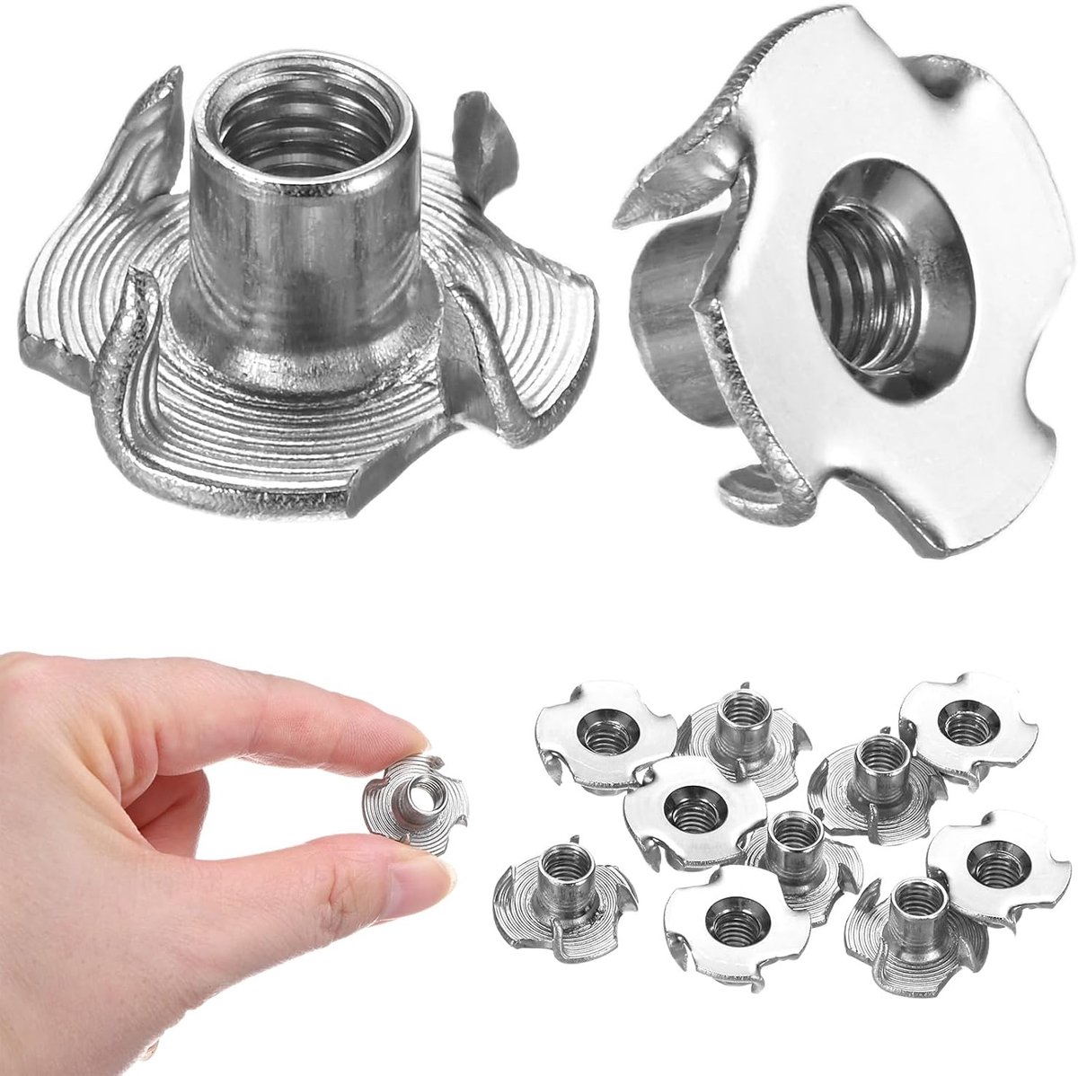 METERXITY 10 stuks M6 x 8,7 mm T-moer, roestvrij staal, schroefdraad met 4 klauwen voor hout/klimstekker/meubels, corrosiebestendige bevestigingen