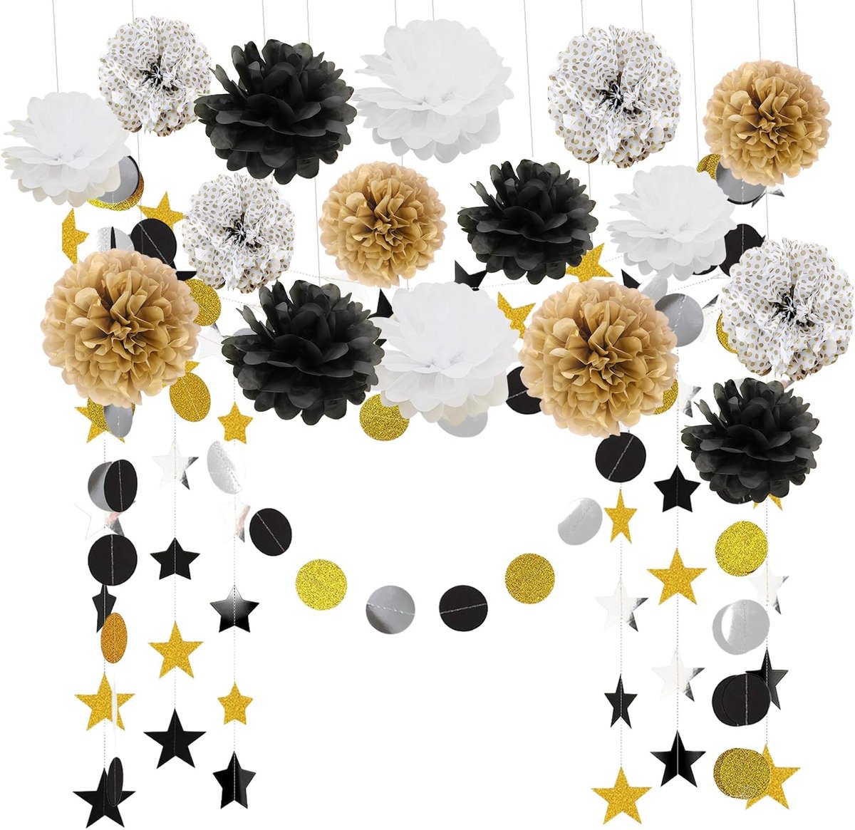 feestdecoratie papieren pompons 16 stuks zwart goud wit 20cm 25cm hangdecoratie voor bruiloft verjaardag babyshower