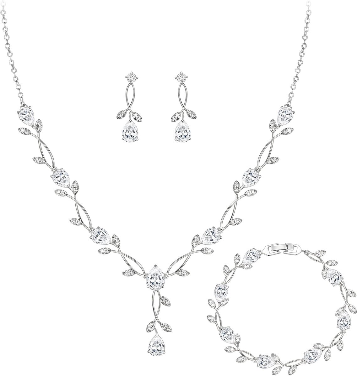 Zirkonia-sieraden voor dames, bruiden, fonkelende druppel-marquise-geboortesteen-blad-halsketting, oorbellen, armbandset voor eindexamenfeest