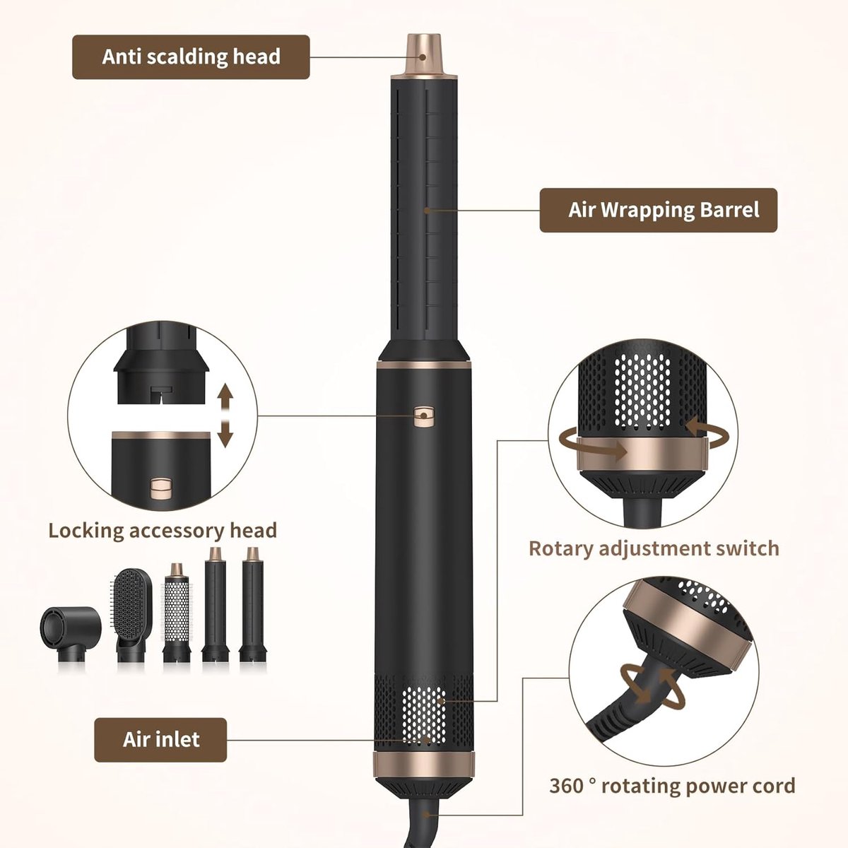 Föhnborstel 5-in-1 Multistyler met Krultang Opzetstukken - Volumeborstel Ionen Technologie Zwart/Goud