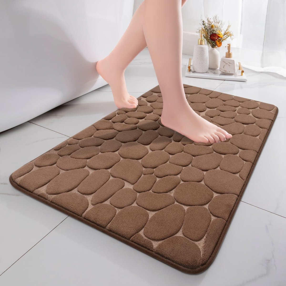 Badmat van traagschuim, absorberend, decoratief, antislip, voor badkamer en woonkamer, 50 x 80 cm, bruin