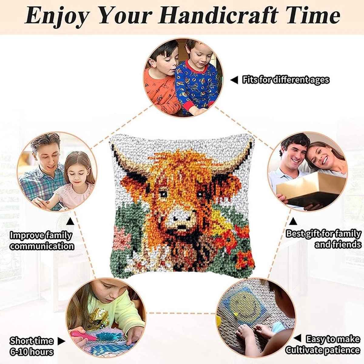 Highland Koe Klink Haak Kits, 17x17 DIY Kussensloop Haak en Klink Kit, Handgemaakte Handwerk Kussenhoes, Gehaakte Bank Decoratie, Ontspannende Ambachtelijke Activiteit (Wit)
