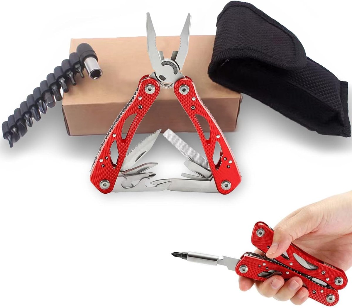 Multitool gereedschap cadeau voor vader – 14-in-1 roestvrijstalen zaktool met etui – ideaal voor kamperen, wandelen, vissen, jagen, kluswerk en auto-onderhoud – compact en duurzaam – zwart