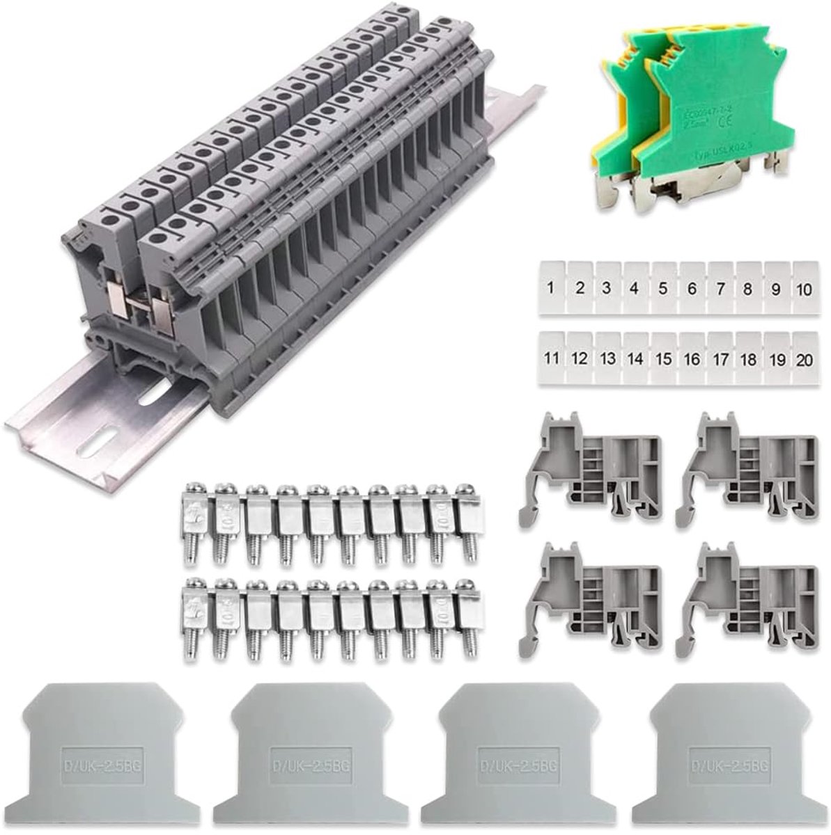 klemmen DIN-rail, UK-2.5 doorgangsklem DIN-railklemmen, klemlijstkit, elektrisch aansluitblok voor nauwkeurige kabel voor automatiseringsprojecten, garage, doe-het-zelfprojecten
