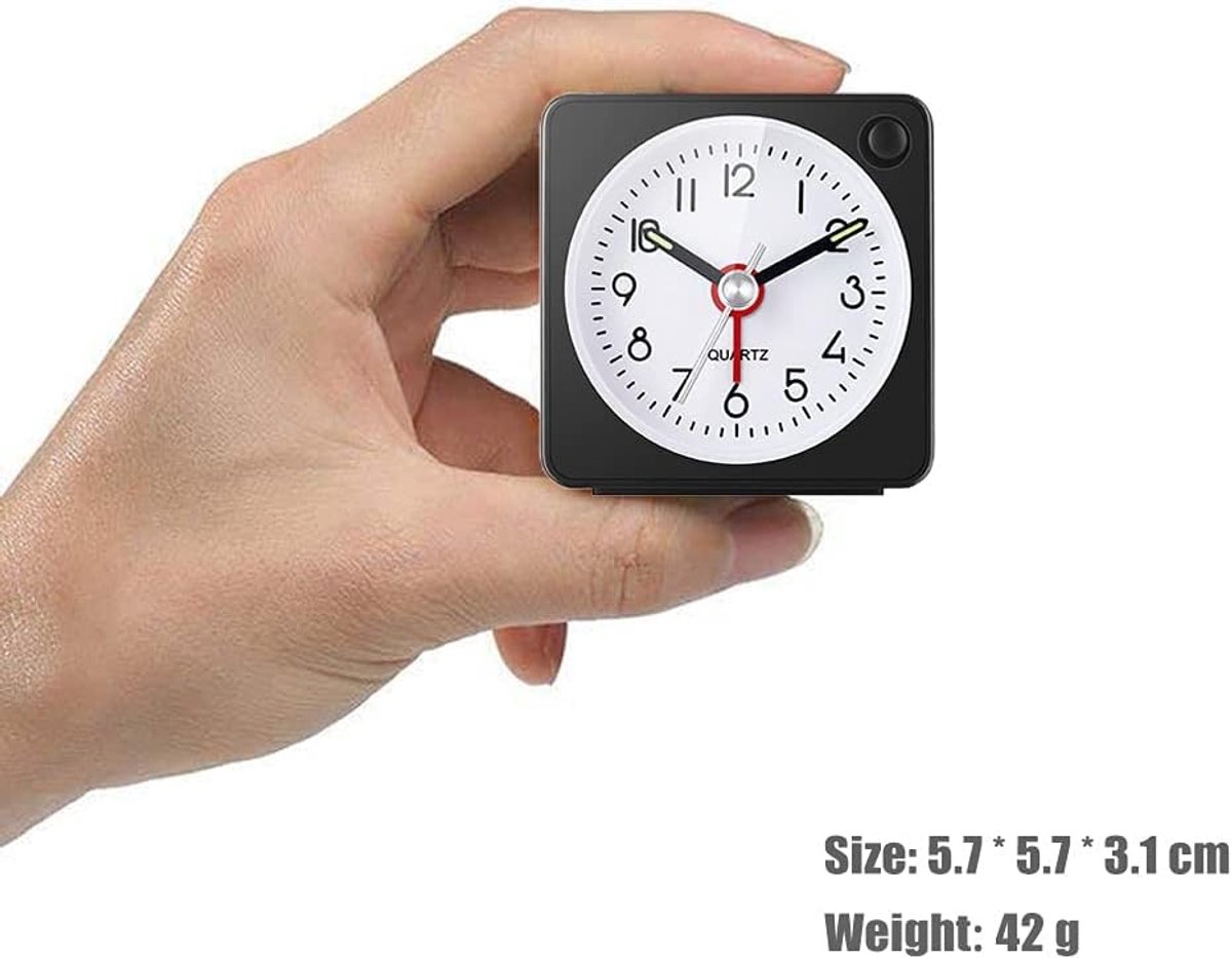 Wekker, Klassieke Analoge Reiswekker met Sluimerfunctie en Licht, Mini-wekker, Compact Formaat, Wekker zonder Tikken, Rustig Kwartsuurwerk, Crescendo-alarm, Eenvoudige Bediening
