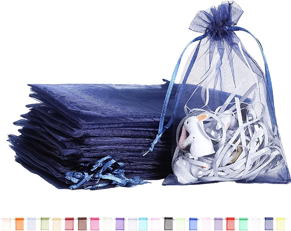 100 stuks marineblauwe organza geschenkzakjes, 10 x 15 cm kleine organza gunstzakjes, trouwsieradenzakjes met trekkoord, mesh snoepzakje voor feestjes, zoete zakjes voor verjaardag, bruiloft, Kerstmis