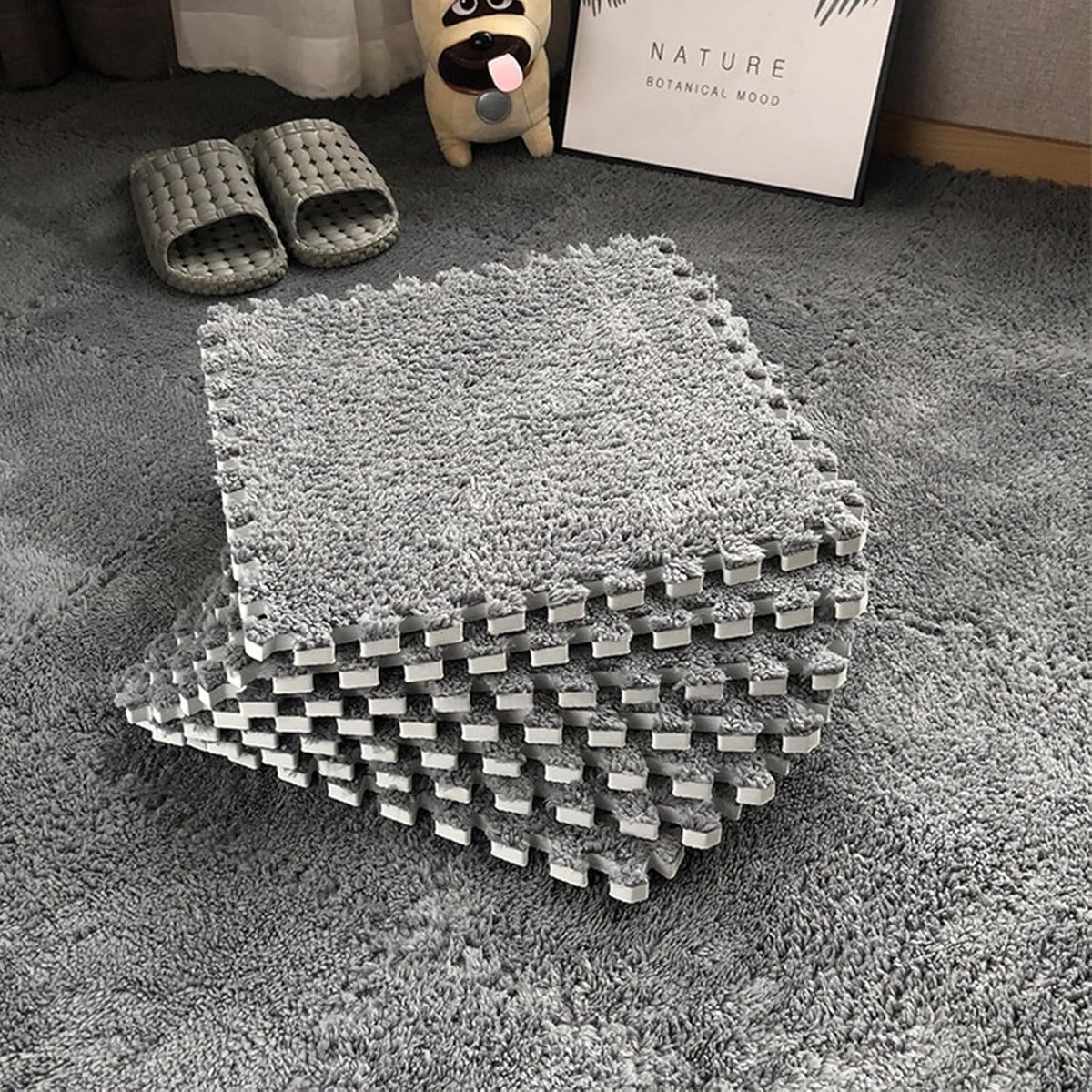 10/20 stuks in elkaar grijpende schuimrubberen tapijttegels, 30 x 30 cm, pluche puzzelschuimvloermat met rand, voor woonkamer/slaapkamer (10 stuks, grijs)