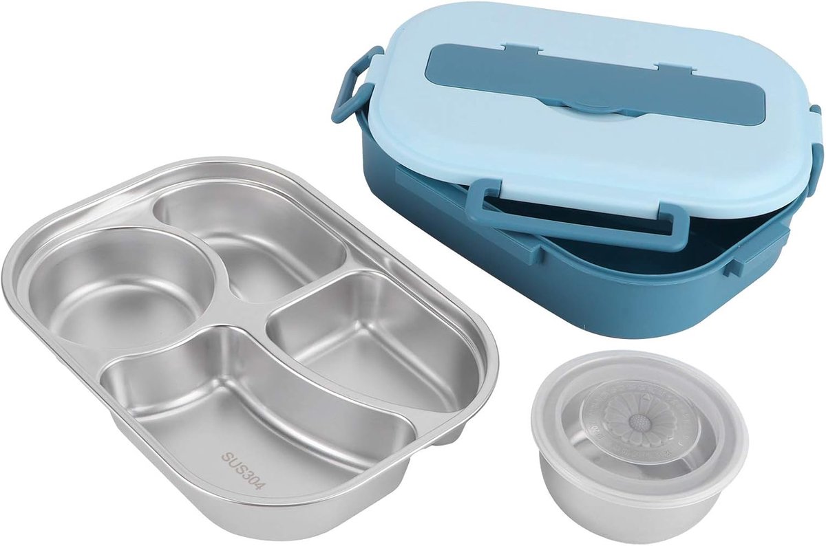 Health Gear 4 Vaks RVS Lunchbox Lekvrij Metalen Doos Draagbaar Voedsel, Container Deksel Lepel Eetstokjes 26x18.5x8cm