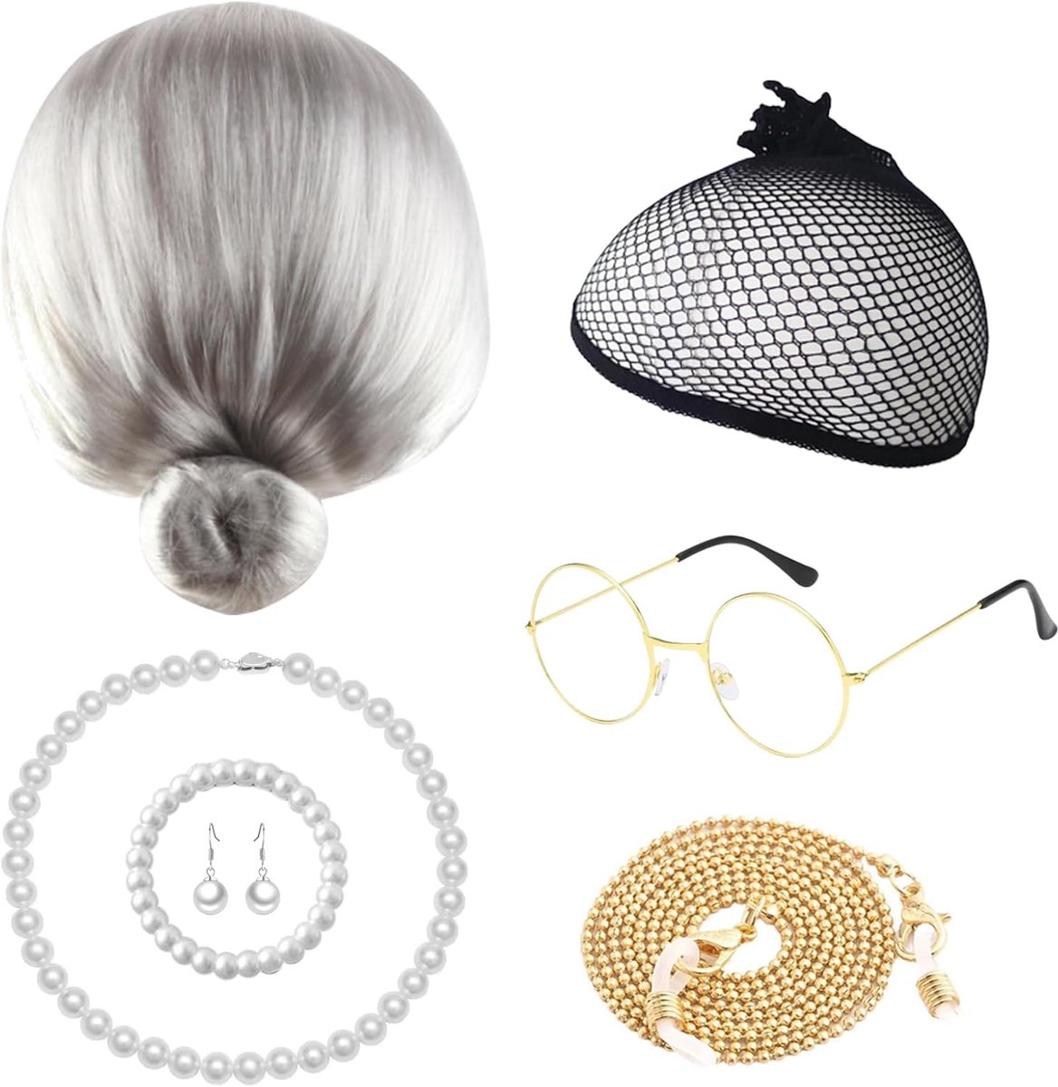 Oude dame kostuum set, oma pruik, oude dame fancy dress set, grijze oma pruik, oma fancy jurk, oma kostuum, oma kostuum voor Halloween maskerade cosplay outfit accessoires