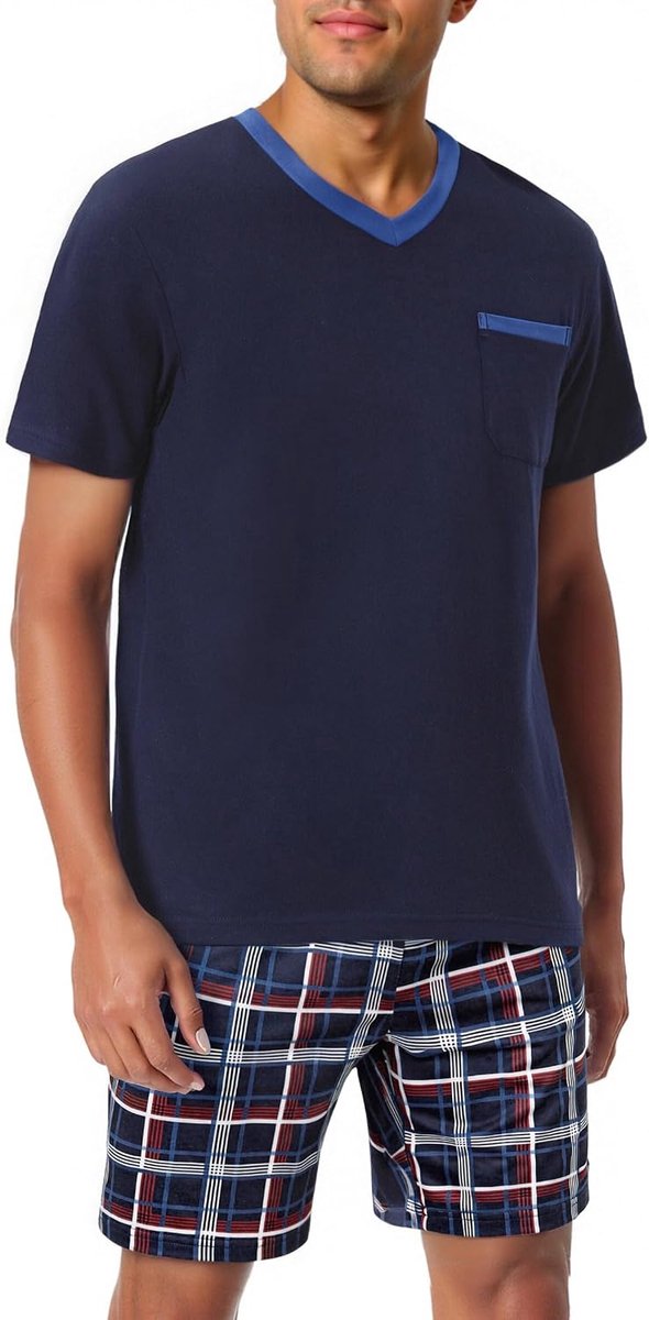 Pyjama voor heren, katoen, korte pyjamaset, loungewear, V-hals T-shirt en geruite shorty broek met zakken, zomernachtkleding, nachtkleding, S-XXL
