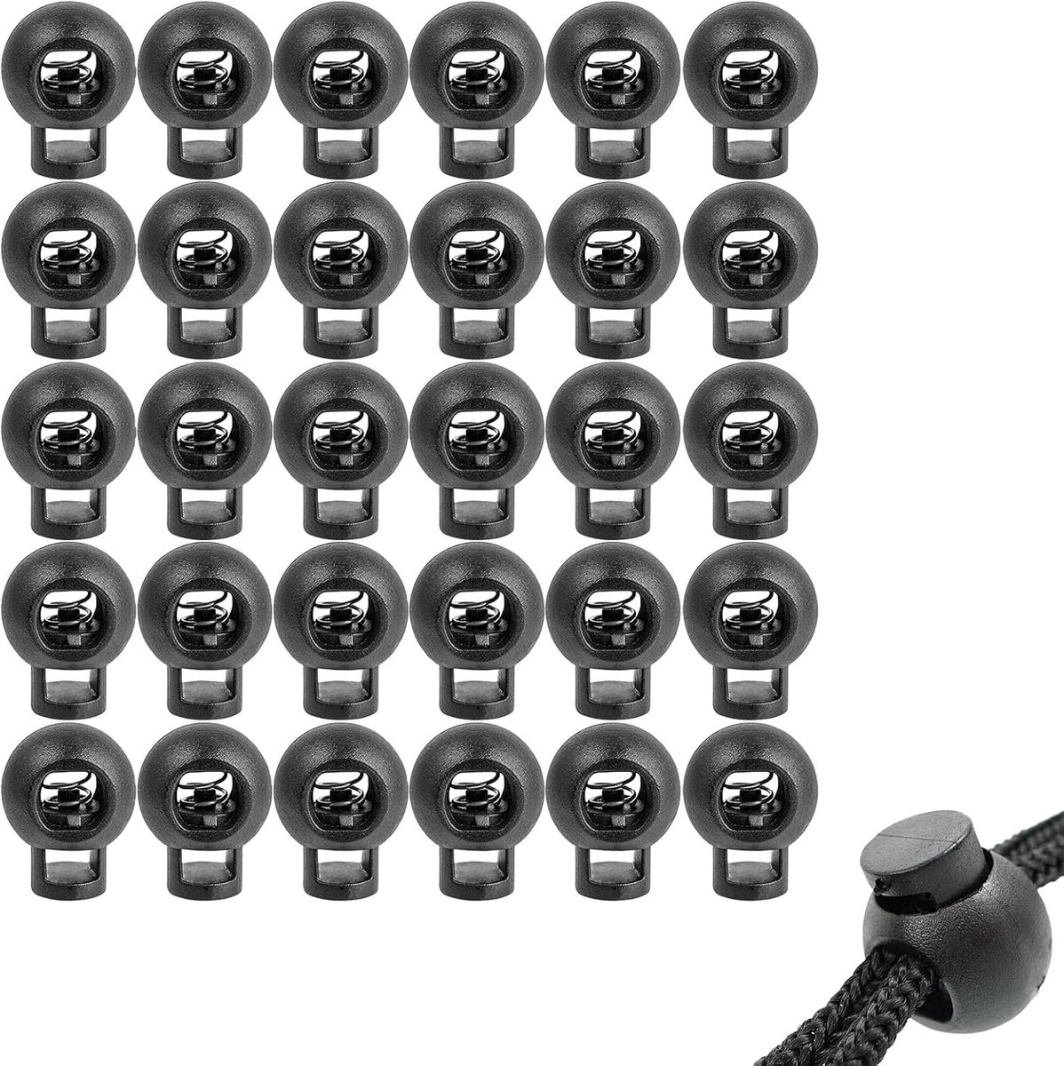 Koordstopper van kunststof, 30 stuks koordstoppers met veer met een gat, glijdende koordstopper van kunststof, veerkoordsluiting, voor rugzak, schoenen, paracord, kleding