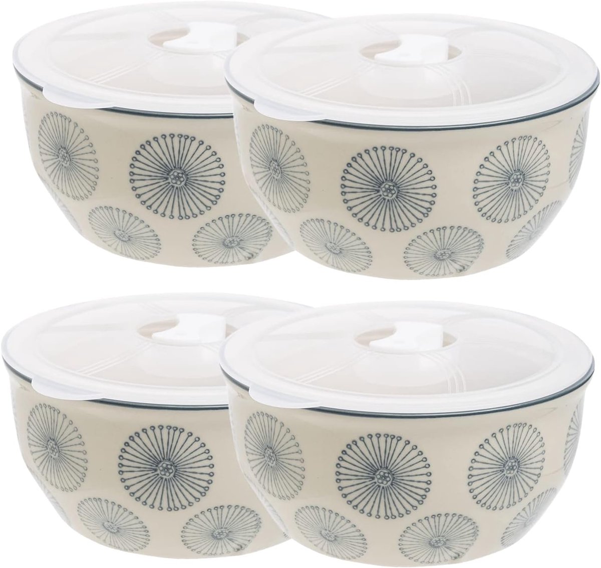 Art Deco Set van 4 kommen, handgestempeld van aardewerk, siliconen deksel, stijlvolle en praktische opslag voor levensmiddelen, grijs, 13 cm