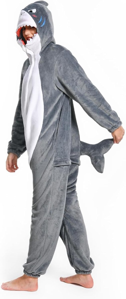 Onesie voor Volwassenen - Dierenkostuum Jumpsuit Zachte Fleece Pyjama Unisex voor Vrouwen en Mannen - Carnaval Kerst Halloween Cosplay (L, Haai)
