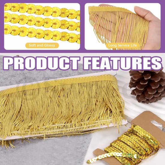 4,5 meter × 10 cm gouden franje met pailletten trim, stoffen franje, kant trim, kwastje, naaien franje trim voor kleding accessoires bruiloft Latijnse jurk lampenkap DIY-ambachten decoratie — afbeelding 2