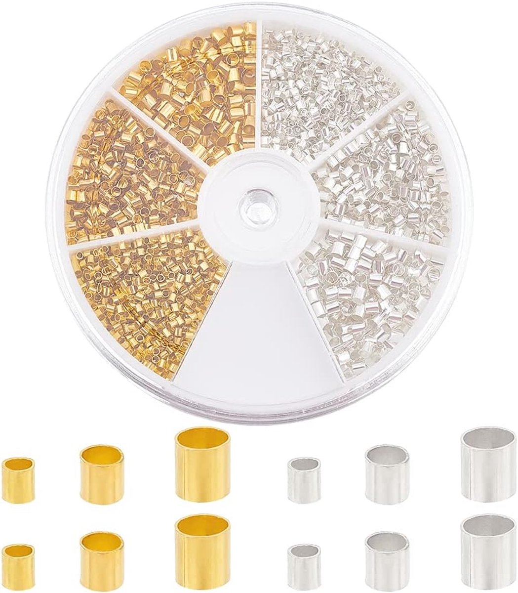 Elite – Set met 1 Doos met diverse Knijpkralen van Messing, Gemengde Kleuren, 1,5 – 2,5 mm, Gat: 1-2 mm.
