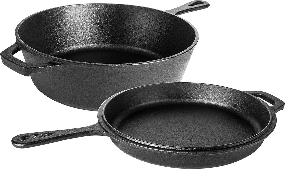Gietijzeren Koekenpan Bakplaat - 2in1 Combo Fornuis Koekenpan Deksel - 3,2 Quart Dutch Oven, 10.25" Koekenpan - door Nuovva