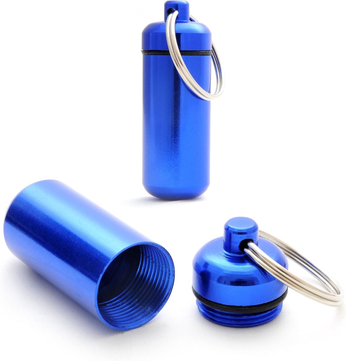 pillendoos set 2x mini capsule sleutelhanger, blauw aluminium met schroefsluiting en gummidichting voor waterdichte opslag van medicijnen, pillen of kleine onderdelen, compact formaat 45mm