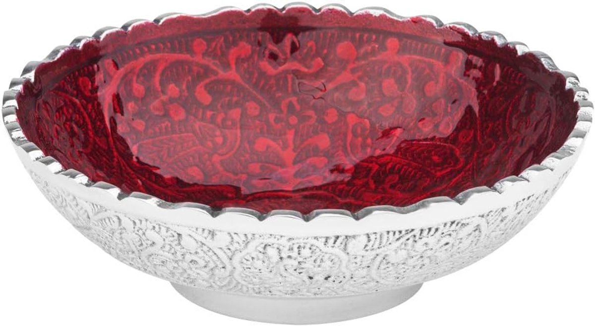 Rookschaal Jamu rood met pauwenpatroon, aluminium rond