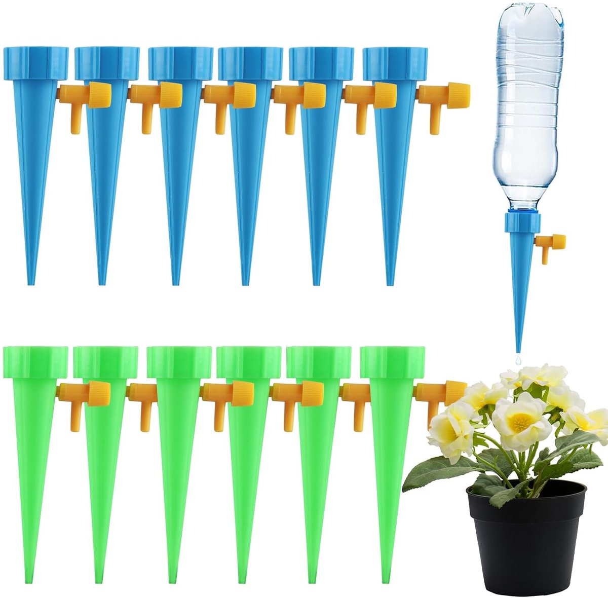 irrigatieset, 12 Lazy druppelirrigatiespots met regelventielschakelaar, geschikt voor het bewateren van tuinplanten en -bloemen, binnen en buiten