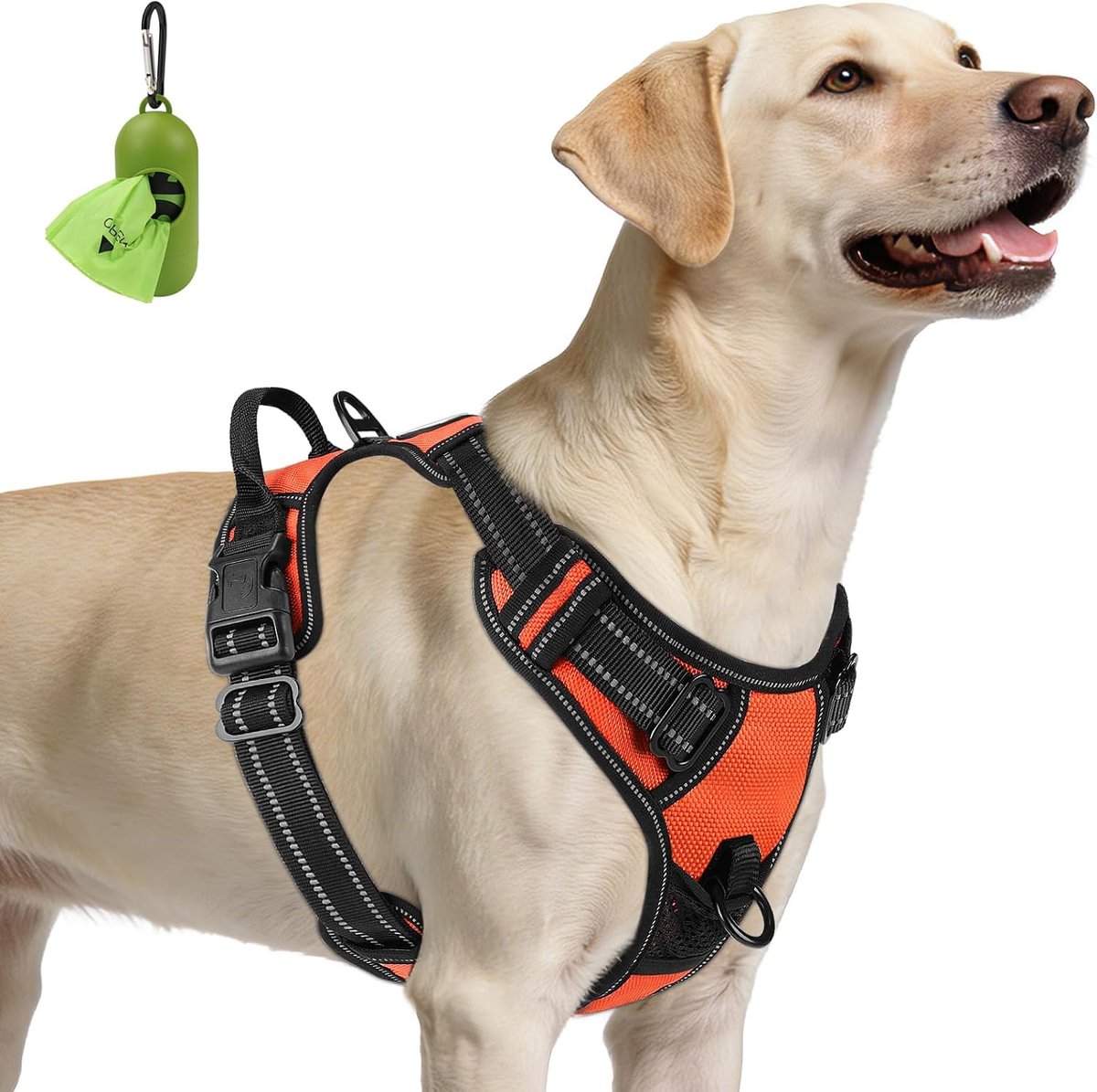 Hondenharnas, reflecterend, ademend, anti-trekharnas voor honden, met bevestiging aan de voorkant en handgreep, veiligheidscontrole voor groot, oranje, L