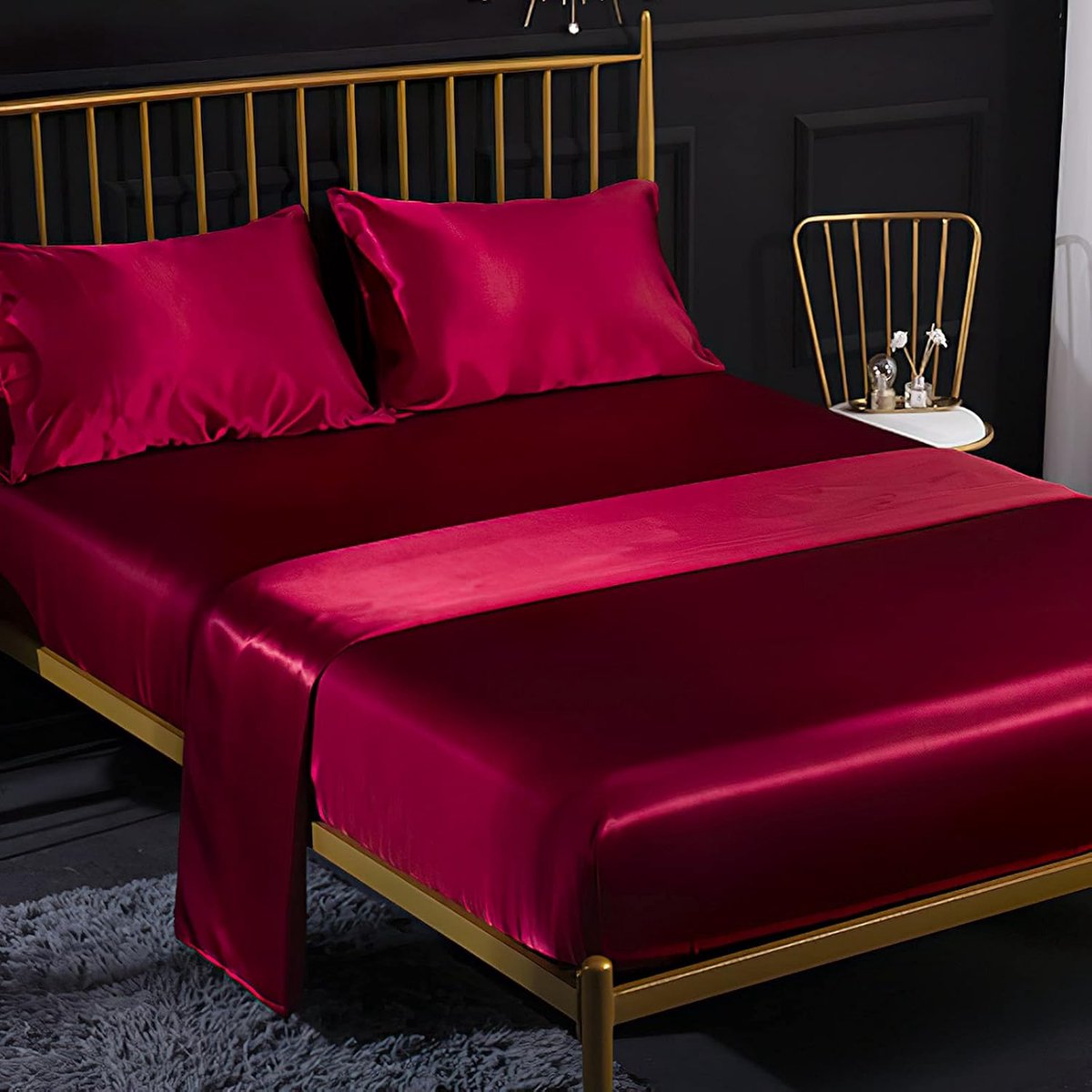 Beddelakenset Effen Satijn 160 x 200 cm Wijnrood, voor Matrassen tot 35 cm Lakens Set met Laken, Hoeslaken, 2 Kussenslopen