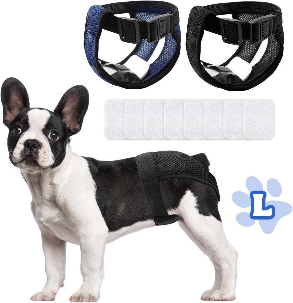 Luiers met 6 hygiënische pads, wasbaar, voor honden bij maandelijkse bloeding, wasbare beschermende broek, milieuvriendelijk, zwart en blauw (L)