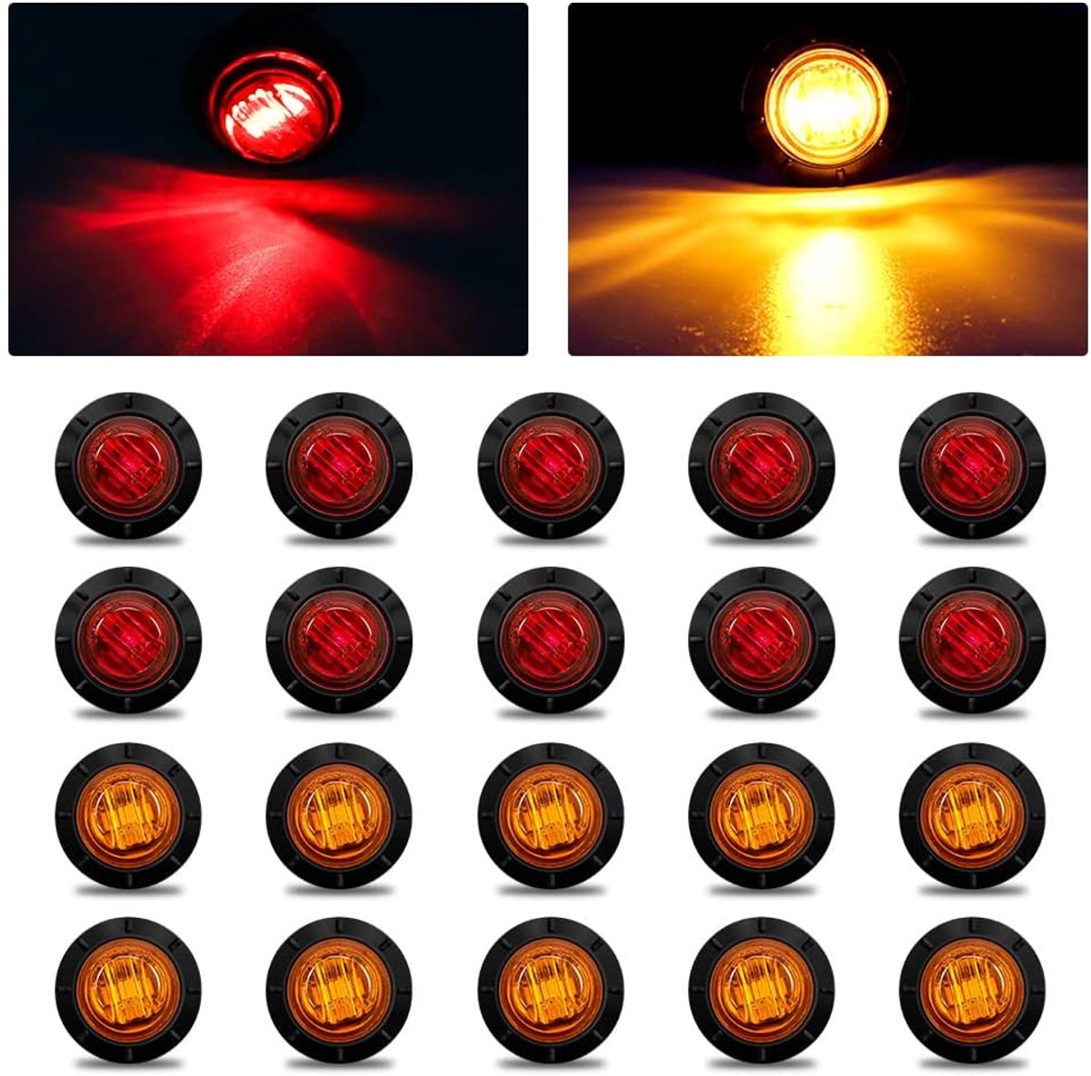 20 stuks 12 V 24 V LED zijmarkeringslichten, rond, zijmarkeringslicht voor aanhanger, vrachtwagen, caravan, motorfiets, bestelwagen (10 stuks, barnsteen, 10 stuks, rood)