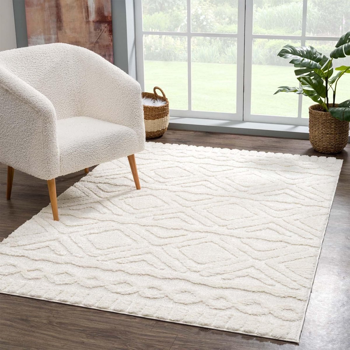 carpet city shaggy vloerkleed, hoogpolig, voor woonkamer, slaapkamer, 120 x 170 cm, Scandinavische, landelijke stijl, etno, effen, crème, hoog-diep, 3D-effect, cut-loop tapijt, pluizig, zacht