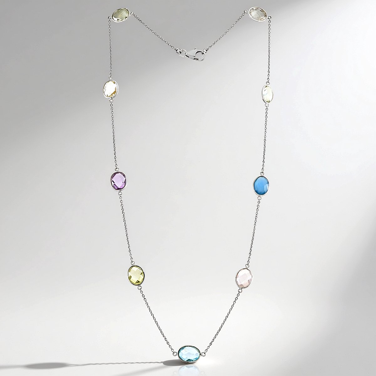 Cavill - 925 Sterling Zilver Halsketting - Groene Amethist Ovaal 3,006 ct - Limoen & Rozenkwarts - Elegante Bezel Ketting 45 cm