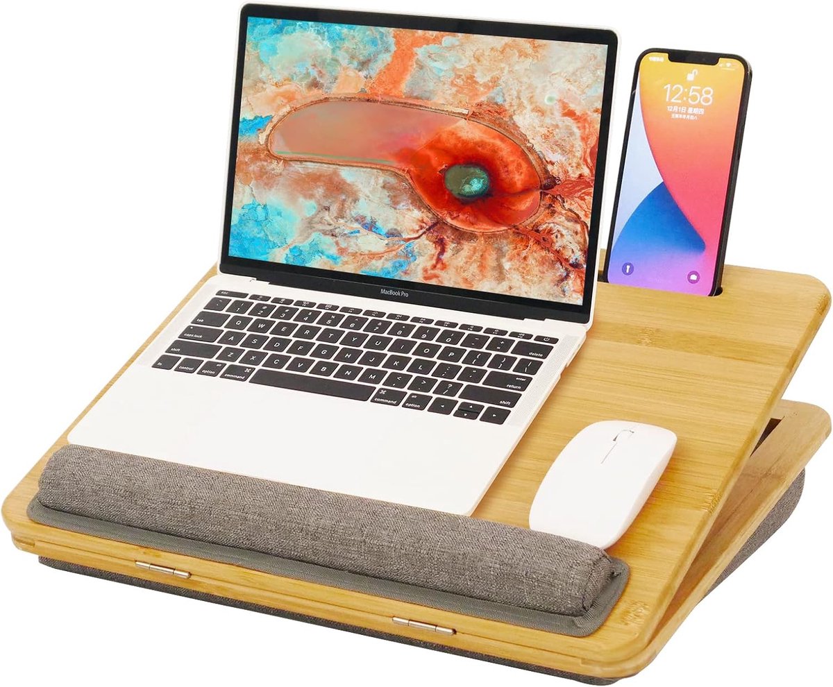 bamboe laptop lade met kussen - 5 kantelhoeken Ergonomisch bed lade bureau voor 15 inch tablet telefoonhouder voor thuiskantoor bank, bedbank en auto gewatteerde laptoptafel