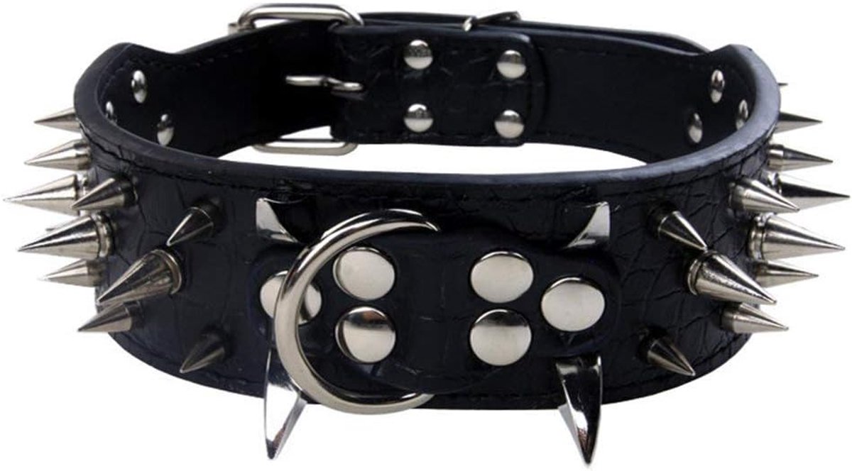 Hondenhalsband Luxe Gewatteerd Leer met Scherpe Punten voor Middelgrote Grote Honden - 5,1 cm Breed Halsband Anti-Bijten (S, Zwart-SV)