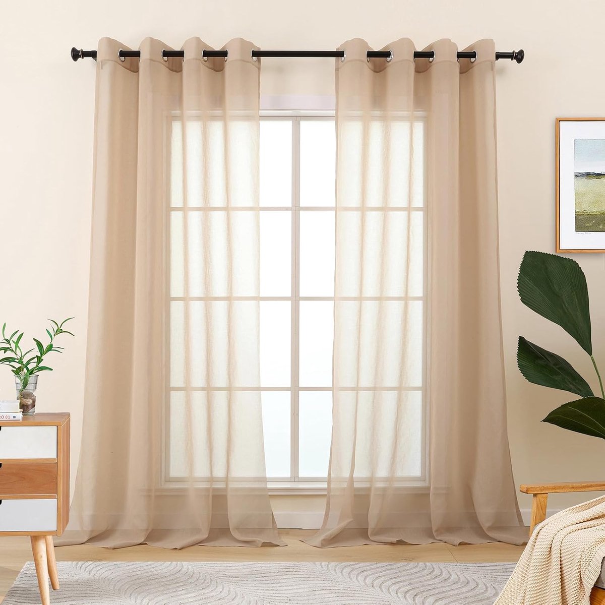 Beige Gordijnen voor de woonkamer, doorschijnende gordijnen met oogjes, zandkleurig, voor de slaapkamer, ramen, set van 2 stuks, linnen look, doorschijnend, modern, 225 cm lengte