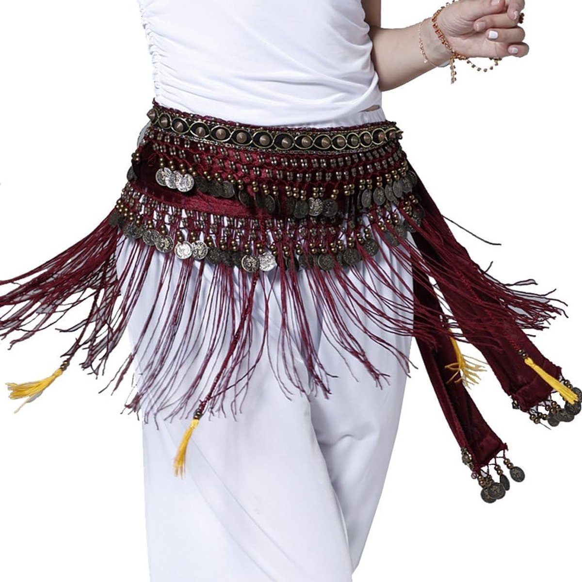 Fluwelen fluwelen heupdoek met munten, buikdanskostuum voor dames, buikdansriem, franjes, rok