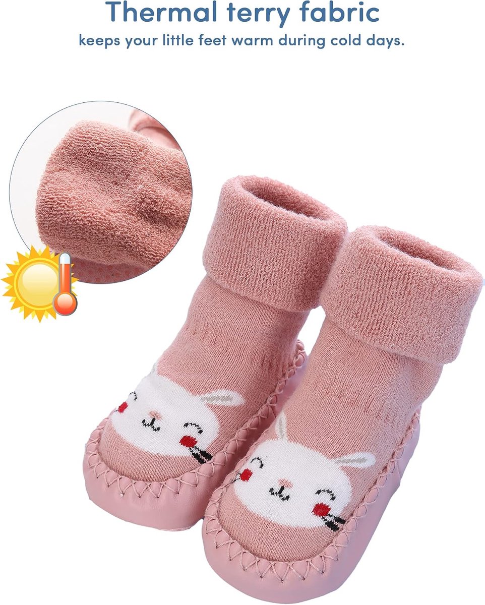 Baby Meisjes Soksloffen Antislip met Badstof 2-Pak Beer & Bunny 22 (Fabrikant Maat 14)