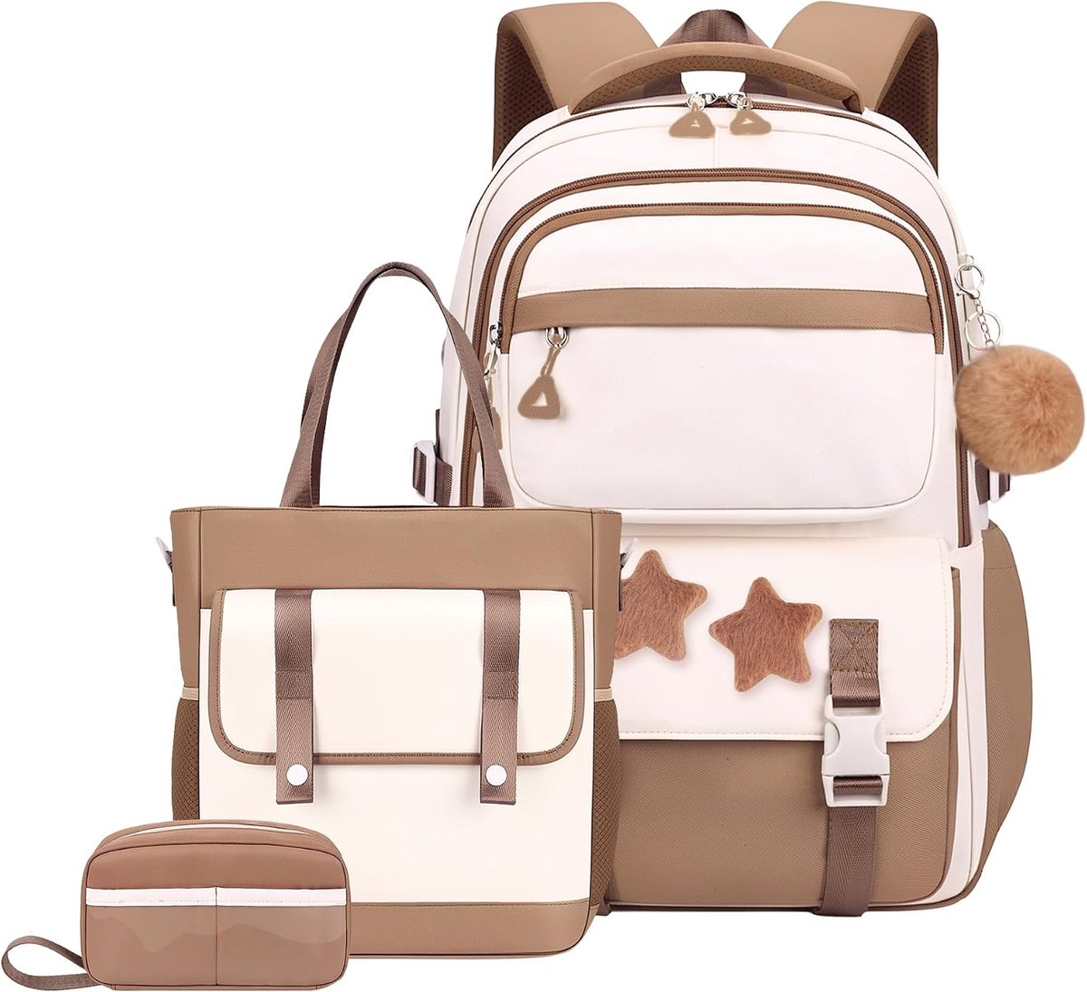 KZQ 3-delige rugzakset voor meisjes met totebag - Met sterpinnen en pluchen hanger - Geschikt voor basisschool en middelbare school - Koffiebruin