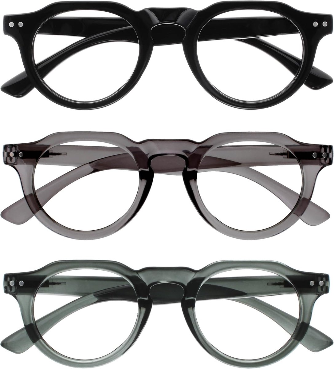 RIO - 3-Pack - Blauwlichtfilter Leesbril - Plat Bovenstuk - Zwart, Groen & Grijs - Heren & Dames - Veerscharnieren - BBB53-167- +3.00