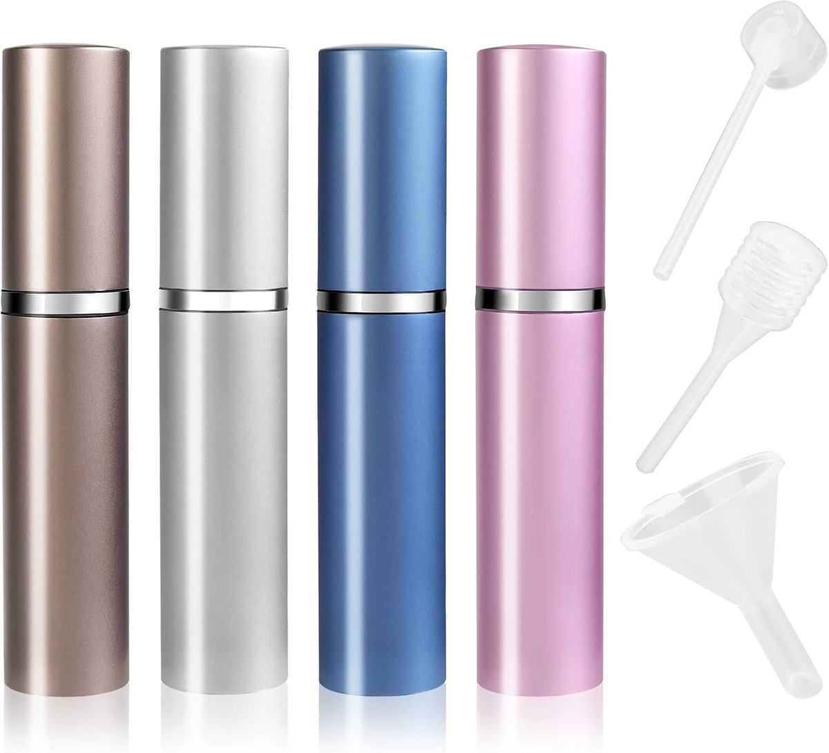 4 stuks 5 ml parfumverstuiver navulbare parfumflessen met trechter, druppelaar en pipet, draagbare verstuiver, mini draagbare spuitfles, zakverstuiver voor onderweg