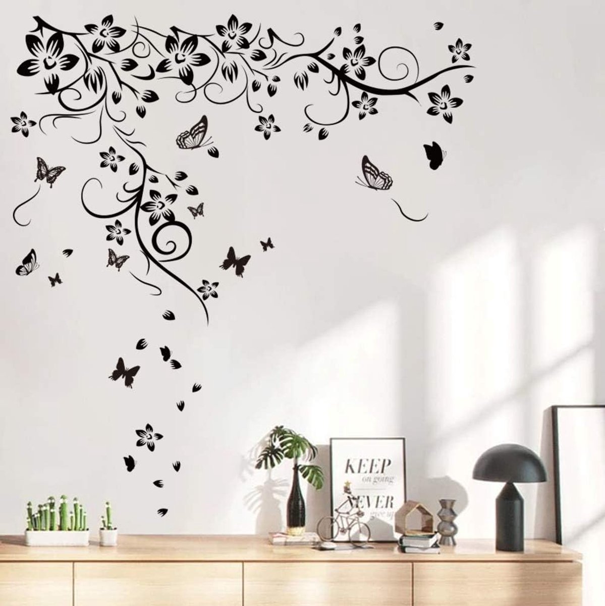 Muurstickers met zwarte bloemen, stickers, vinyl, vlinder, decoratief, woonkamer, slaapkamer, babykamer