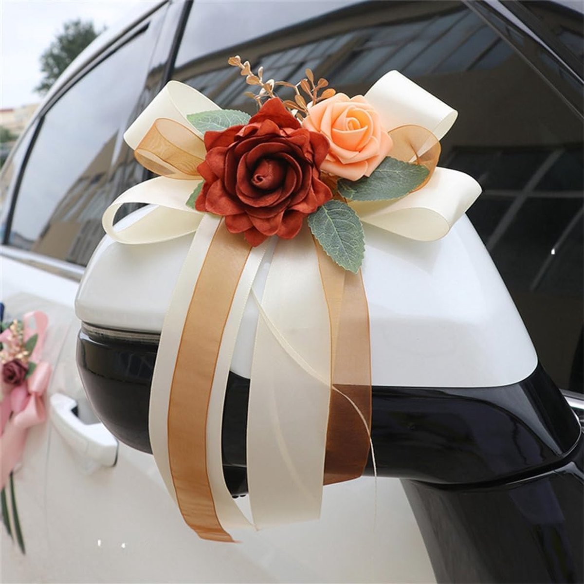 Strikken, antennestrikken, bruiloftsdecoratie, achteruitkijkspiegel, deurgreep, decoratie, bruiloftsauto, handgemaakt, strikken, bruiloftsdecoratie, vintage, bruiloftsstoel, rugbloemen