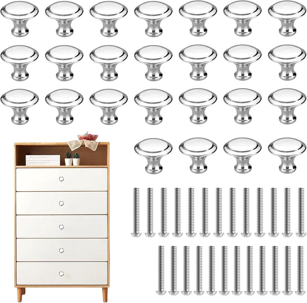 25 stuks keukengrepen, zilveren ladeknoppen en handgrepen, rond, handgrepen voor kasten, laden, vintage, roestvrij staal, geschikt voor kasten, laden en de meeste meubels