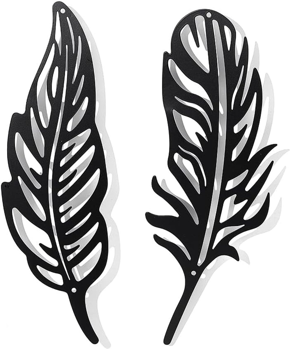 2 stuks veren metalen wanddecoratie, zwarte wanddecoratie moderne wanddecoratie silhouet muurkunst metalen afbeeldingen voor thuis slaapkamer hal woonkamer badkamer kantoor hotel decor